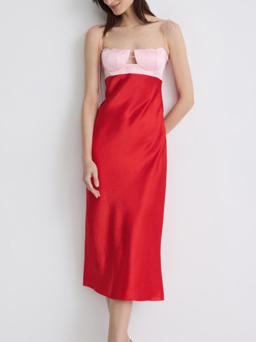 Anna October Atena Tulip Red Pink Slip Midi Dress - MEDIUM